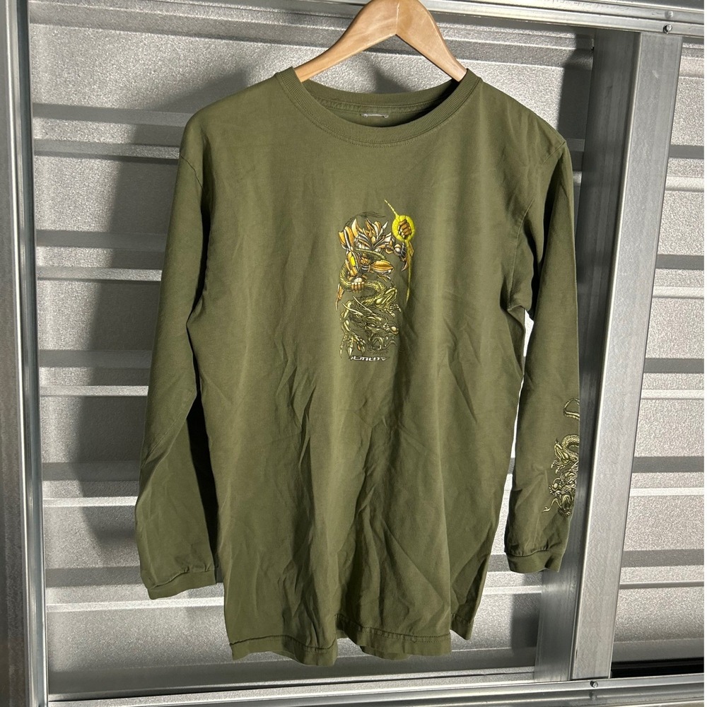 Y2K Unit Long Sleeve Shirt Mens Green Mecha Dragon Graphic Streetwear Y2K